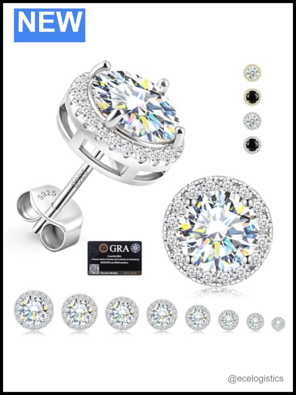 Moissanite Halo Stud Earrings 925 Sterling Silver 18K Gold Plated Push Back